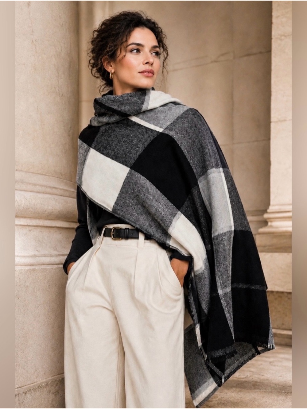Banana Republic Buffalo Plaid Blanket Scarf Black Gray Ivory